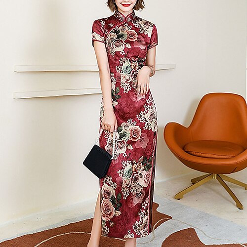 

Mulheres Vestido da bainha Vestido Qipao Vestido midi Preto Amarelo Rosa Manga Curta Floral Bordado Verão Primavera Colarinho Mandarim Elegante 2023 M L XL XXL 3XL 4XL 5XL