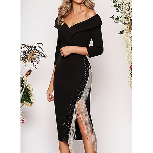 

Sheath / Column Cocktail Dresses Elegant Dress Wedding Guest Asymmetrical 3/4 Length Sleeve Off Shoulder Polyester with Tassel Slit 2022 / Cocktail Party / High Low