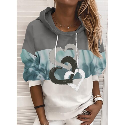 

Women's Hoodie Sweatshirt Pullover Basic Streetwear Valentine's Day Print Gray Floral Heart Stars Daily Hooded Long Sleeve S M L XL XXL / 3D Print