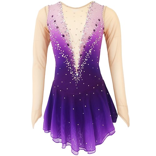 

Figure Skating Dress Women's Girls' Ice Skating Dress Outfits Violet Open Back Spandex High Elasticity Competition Skating Wear Handmade Classic Crystal / Rhinestone Long Sleeve Ice Skating Figure