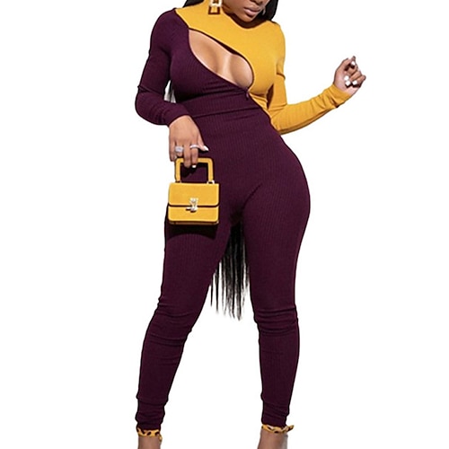 

Women's Jumpsuit Cut Out Zipper Color Block Turtleneck Active Home Street Regular Fit Long Sleeve White Orange Yellow S M L Spring