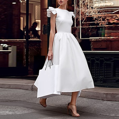 

A-Line Minimalist Elegant Graduation Cocktail Party Dress Jewel Neck Short Sleeve Tea Length Satin with Pleats Ruffles 2022