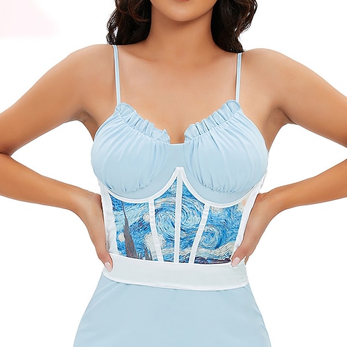 

Corset Women's Corset Tops Party & Evening Blue Cotton Comfortable Overbust Corset Backless Tummy Control Print Oil Painting Artwork All Seasons