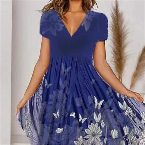 Damen A Linie Kleid Midikleid Grün Blau Kurzarm Blumen Bedruckt Frühling Sommer V-Ausschnitt Elegant Alltag Vintage 2022 S M L XL XXL 3XL