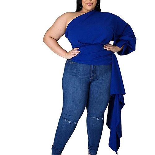 

Women's Plus Size Tops Blouse Shirt Plain Backless Ruched Long Sleeve One Shoulder Streetwear Daily Going out Polyester Fall Spring Black Blue / Puff Sleeve