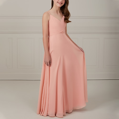 

A-Line Floor Length V Neck Chiffon Junior Bridesmaid Dresses&Gowns With Pleats Wedding Party Dresses 4-16 Year