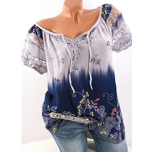 

Mulheres Camisa Social Blusa Branco Rosa Verde Tropa Floral Cores Gradiente Cordões Imprimir Manga Curta Feriado Final de semana Roupa de rua Casual Decote V Padrão Tema Flores S