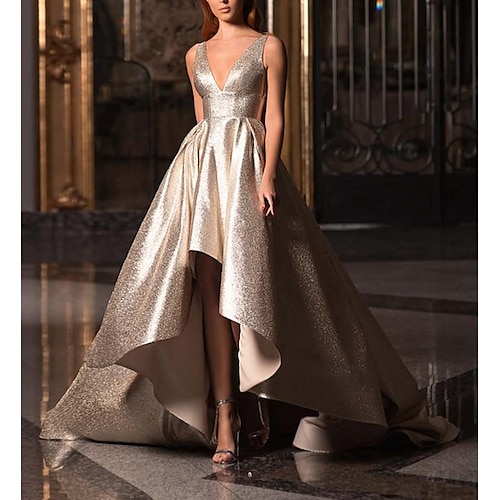 

A-Line Cocktail Dresses Glittering Dress Wedding Guest Court Train Sleeveless V Neck Satin with Sleek 2022 / Asymmetrical / Formal Evening / Sparkle & Shine / High Low