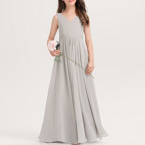 

A-Line Floor Length V Neck Chiffon Junior Bridesmaid Dresses&Gowns With Pleats Wedding Party Dresses 4-16 Year