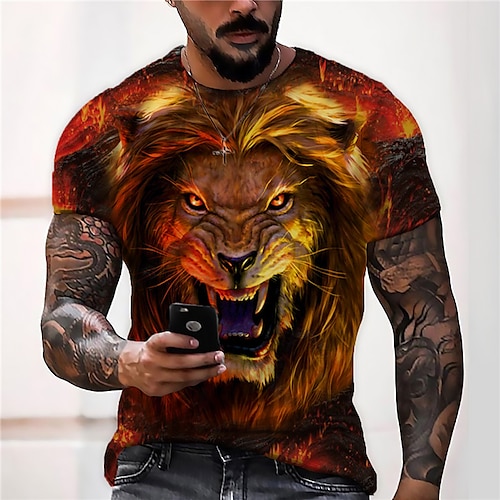 

Men's Unisex T shirt Tee Lion Graphic Prints Crew Neck Orange 3D Print Daily Holiday Short Sleeve Print Clothing Apparel Designer Casual Big and Tall / Summer / Summer