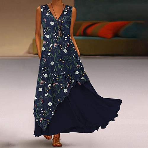 

Women's Casual Dress Swing Dress Long Dress Maxi Dress Yellow Dark Blue Sleeveless Floral Pocket Spring Summer V Neck Weekend S M L XL XXL 3XL 4XL