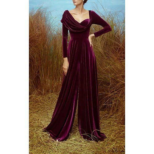 

Jumpsuits Minimalist Elegant Wedding Guest Formal Evening Dress Sweetheart Neckline V Back Long Sleeve Sweep / Brush Train Velvet with Pleats Slit 2022