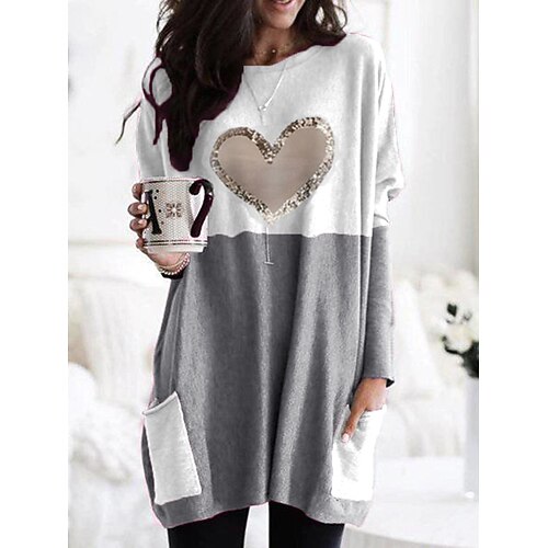 

Women's T shirt Tee Blue Pink Khaki Color Block Heart Pocket Print Long Sleeve Daily Weekend Basic Round Neck Long Painting S