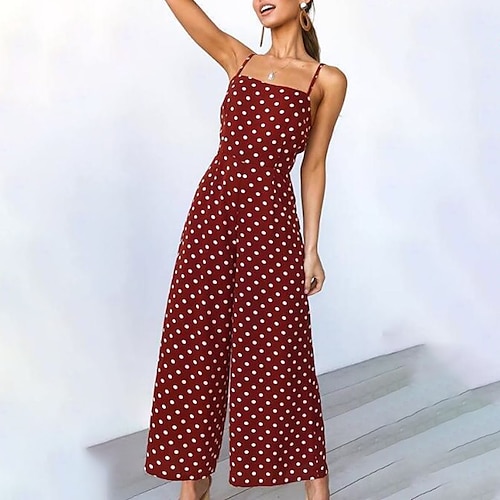 

Women's Jumpsuit Backless Bow Polka Dot Square Neck Streetwear Home Street Regular Fit Sleeveless Blue Yellow Wine S M L Spring