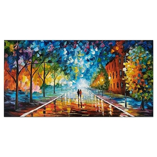 

Oil Painting Handmade Hand Painted Wall Art Abstract Rain Street Tree Lamp Knife Landscape Home Decoration Decor Rolled Canvas No Frame Unstretched