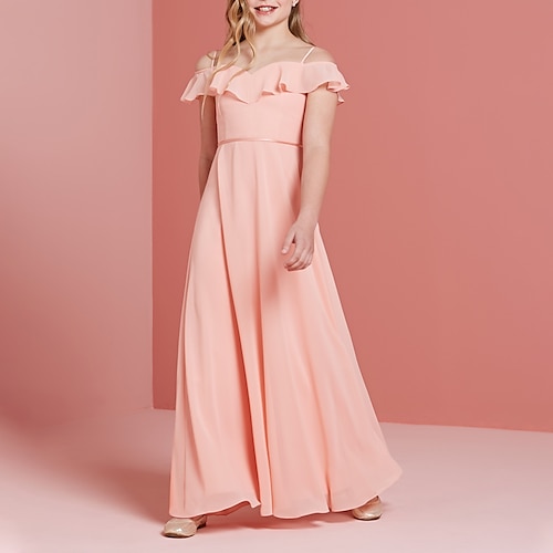 

A-Line Floor Length Off Shoulder Chiffon Junior Bridesmaid Dresses&Gowns With Pleats Wedding Party Dresses 4-16 Year