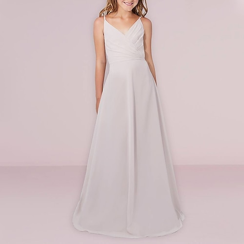 

A-Line Floor Length V Neck Chiffon Junior Bridesmaid Dresses&Gowns With Ruching Wedding Party Dresses 4-16 Year