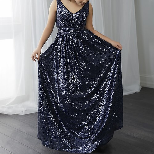 

A-Line Floor Length V Neck Satin Junior Bridesmaid Dresses&Gowns With Pleats Wedding Party Dresses 4-16 Year