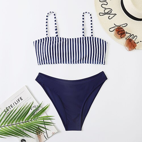 

Women's Swimwear Bikini 2 Piece Normal Swimsuit Water Sports Modest Swimwear Trangle Open Back Print Striped Blue Padded Strap Bathing Suits New Vacation Sexy / Modern / Padded Bras