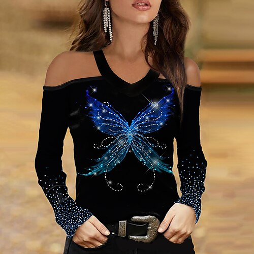 

Women's T shirt Tee White Yellow Red Butterfly Sparkly Cut Out Print Long Sleeve Casual Weekend Basic V Neck Regular Butterfly Painting S