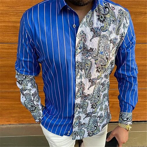 

Homme Chemise Lettre Ecossais Col Mao Bleu Autres imprimés Sortie chemises de golf Manches Longues Patchwork Imprimer Vêtement Tenue Design Punk et gothique / Mince