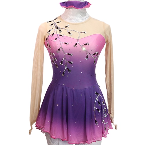 

Figure Skating Dress Women's Girls' Ice Skating Dress Outfits Purple Open Back Glitter Mesh Spandex High Elasticity Competition Skating Wear Handmade Crystal / Rhinestone Long Sleeve Ice Skating