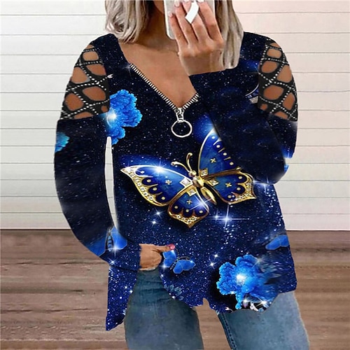 

Women's Plus Size Tops Blouse Shirt Floral Zipper Print Long Sleeve V Neck Streetwear Preppy Daily Weekend Cotton Fall Spring sunflower Black rose