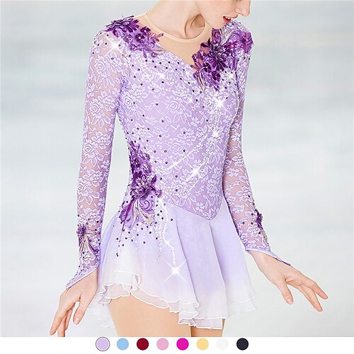 

Figure Skating Dress Women's Girls' Ice Skating Dress Outfits Violet White Black Patchwork Mesh Spandex Lace High Elasticity Competition Skating Wear Handmade Crystal / Rhinestone Long Sleeve Ice