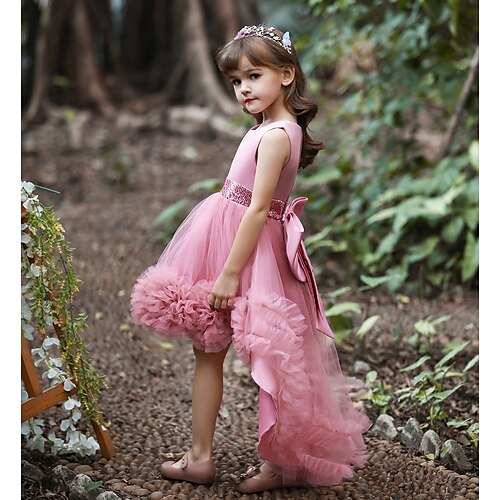 

Bambino Da ragazza Vestito da festa Tinta unica Abito in tulle Al ginocchio Vestito Prestazioni Nodo della cravatta Girocollo Senza maniche Elegante Vestito 3-10 anni Primavera Multicolore Bianco Rosa