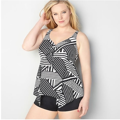 

Women's Swimwear Tankini Plus Size Swimsuit Geometic Silver Bathing Suits