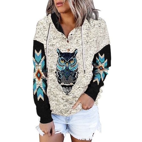 

Damen Sweatshirt Pullover Zur Seite fahren Aktiv Strassenmode Vordertasche Bedruckt Grau Eule Täglich Mit Kapuze Langarm