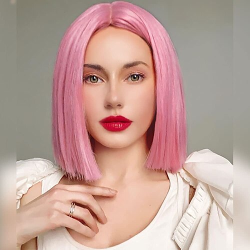 

Pink Straight Hair Bob Wig Women's Shoulder Length Middle Synthetic Wig Suitable for Daily Use in Role-playing