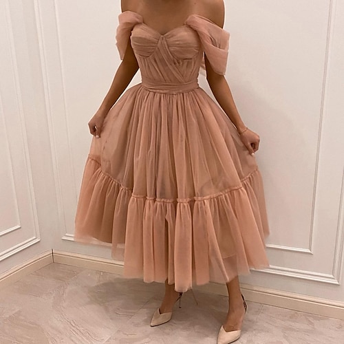 

A-Line Sexy Cute Homecoming Cocktail Party Dress Sweetheart Neckline Short Sleeve Tea Length Tulle with Pleats 2022