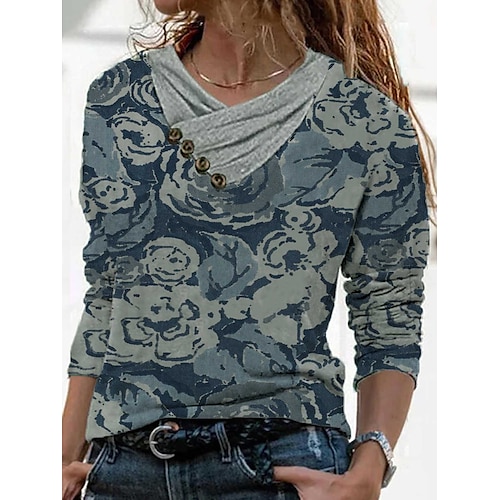 

Women's Shirt Blue Orange Red Graphic Floral Button Print Long Sleeve Holiday Weekend Streetwear Casual V Neck Regular Floral Geometric S