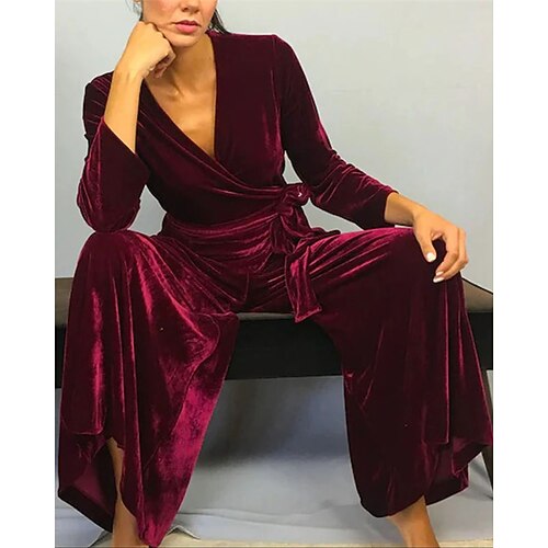 

Women's Jumpsuit Lace up Solid Color V Neck Elegant Party Evening Party Evening Regular Fit Long Sleeve Wine S M L Spring