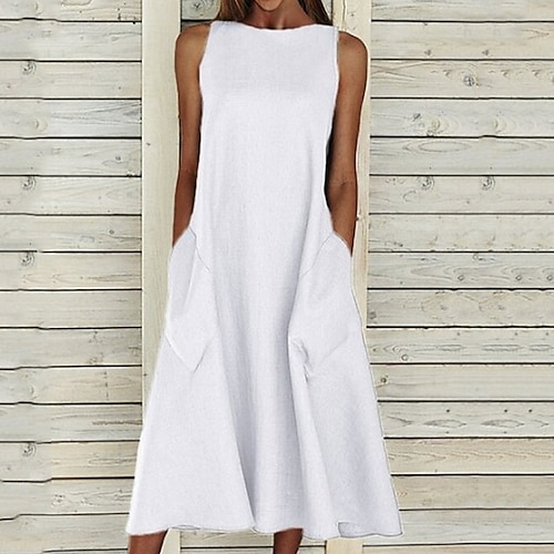 Women‘s A Line Dress Midi Dress Blue White Gray Yellow Sleeveless Solid Color Pocket Spring Summer Round Neck Basic Hot Loose 2023 S M L XL XXL