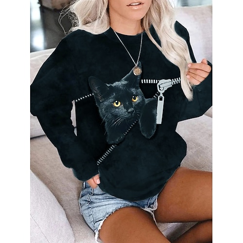 

Women's Sweatshirt Pullover Active Streetwear 3D Print Black Animal Cat 3D Daily Round Neck Long Sleeve S M L XL XXL