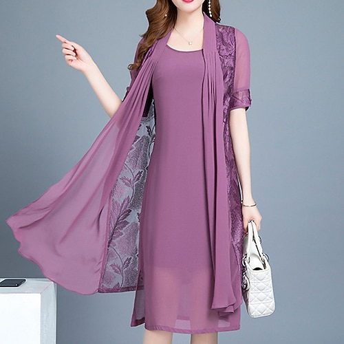 

Women's Dress Set Two Piece Dress Swing Dress Midi Dress Green Black Purple Short Sleeve Pure Color Lace Spring Summer Crew Neck Weekend 2022 M L XL XXL 3XL 4XL