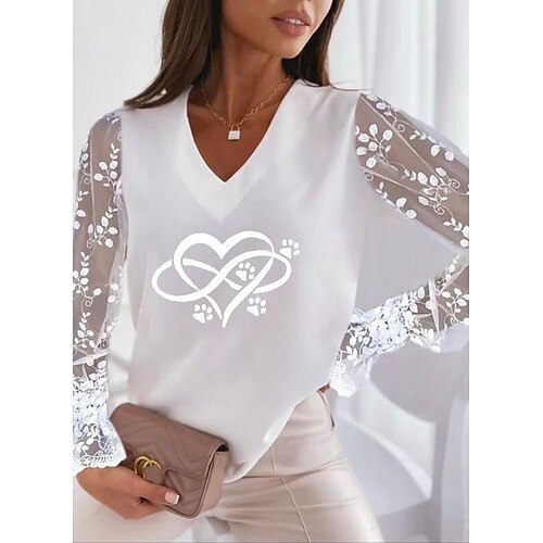 

Mujer Camiseta Blanco Rosa Rosa polvorienta Corazón Retazos Estampado Manga Larga Casual Enamorado Básico Escote en Pico Regular Pintura Pareja S