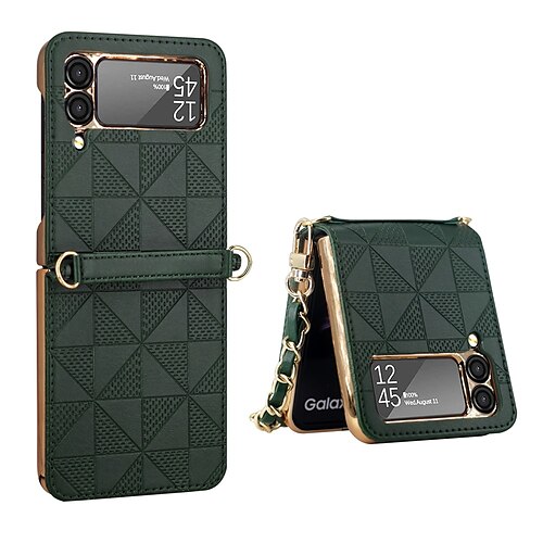 

Phone Case For Samsung Galaxy Full Body Case Z Flip 3 Shockproof Dustproof with Phone Strap Solid Colored Geometric Pattern Genuine Leather PC