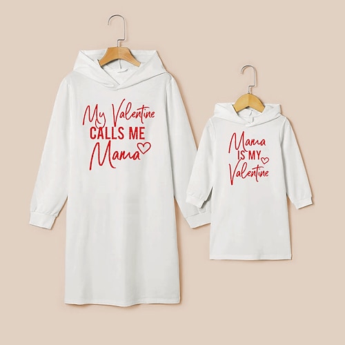 

Mommy and Me Valentines Dresses Heart Letter Daily Print Light Pink White Long Sleeve Above Knee Daily Matching Outfits / Fall / Winter / Cute