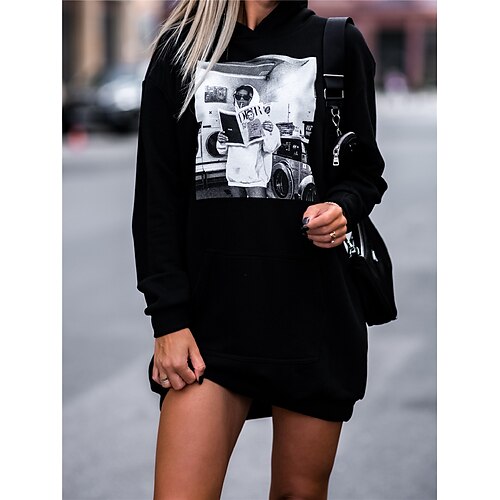 

Women's Hoodie Dress Basic Front Pocket Black Khaki Dark Gray Graphic Street Hoodie Long Sleeve S M L XL 2XL 3XL