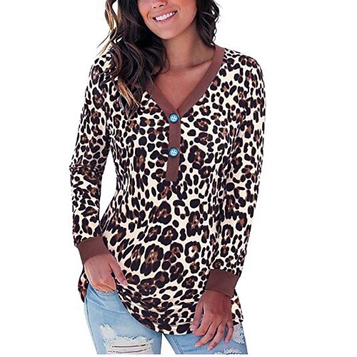 

Women's T shirt Tee Army Green Brown Beige Leopard Camo Print Long Sleeve Daily Weekend Basic V Neck Regular Painting S / 3D Print