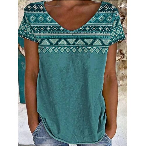 

Women's T shirt Tee Green Blue Tribal Patchwork Print Short Sleeve Casual Daily Vintage Ethnic V Neck Regular 3D Printed S