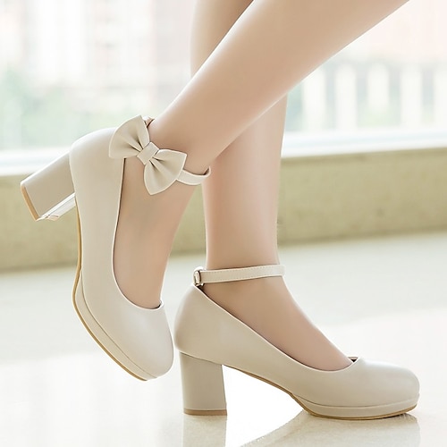 

Women's Heels Daily Bowknot Chunky Heel Round Toe PU Leather Ankle Strap Solid Colored Rosy Pink Beige White