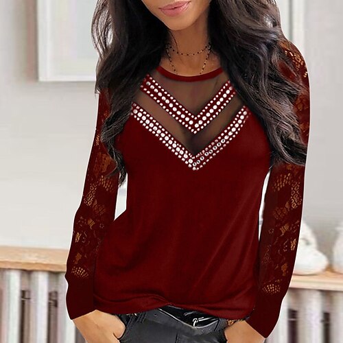 

Women's Blouse Shirt Red Navy Blue Black Plain Lace Patchwork Long Sleeve Daily Weekend Streetwear Casual Round Neck Regular S