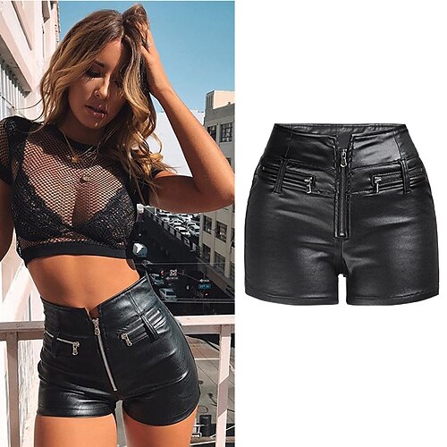 

Women's Shorts Hot Pants Faux Leather Black Mid Waist Fashion Daily Weekend Pocket Micro-elastic Short Comfort Plain S M L XL XXL / Slim