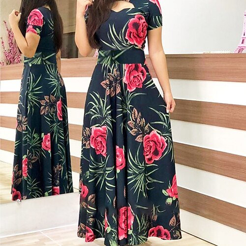 

Women's Casual Dress Swing Dress Long Dress Maxi Dress Black Red Navy Blue Short Sleeve Floral Print Spring Summer Crew Neck Modern Weekend 2022 S M L XL XXL 3XL 4XL 5XL