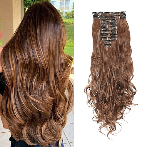 

12pcs/set Long Wavy Hair Extensions Synthetic Clip In Hair Extensions Ombre Honey Blonde Dark Brown Thick Hairpieces