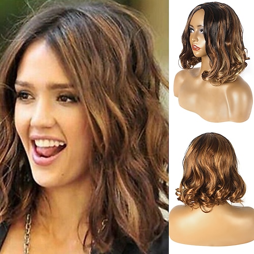

Brown Wigs for Women Synthetic Wig Loose Curl Asymmetrical Wig Long Ombre Brown Synthetic Hair 14 Inch Women's Color Gradient Middle Part Brown